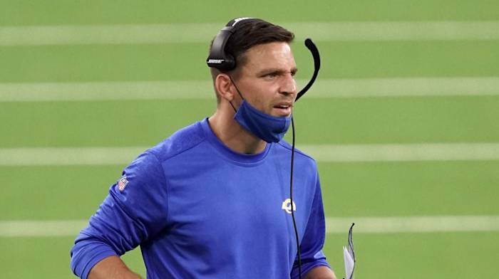 Los Angeles Rams defensive coordinator Brandon Staley during a scrimmage at SoFi Stadium.